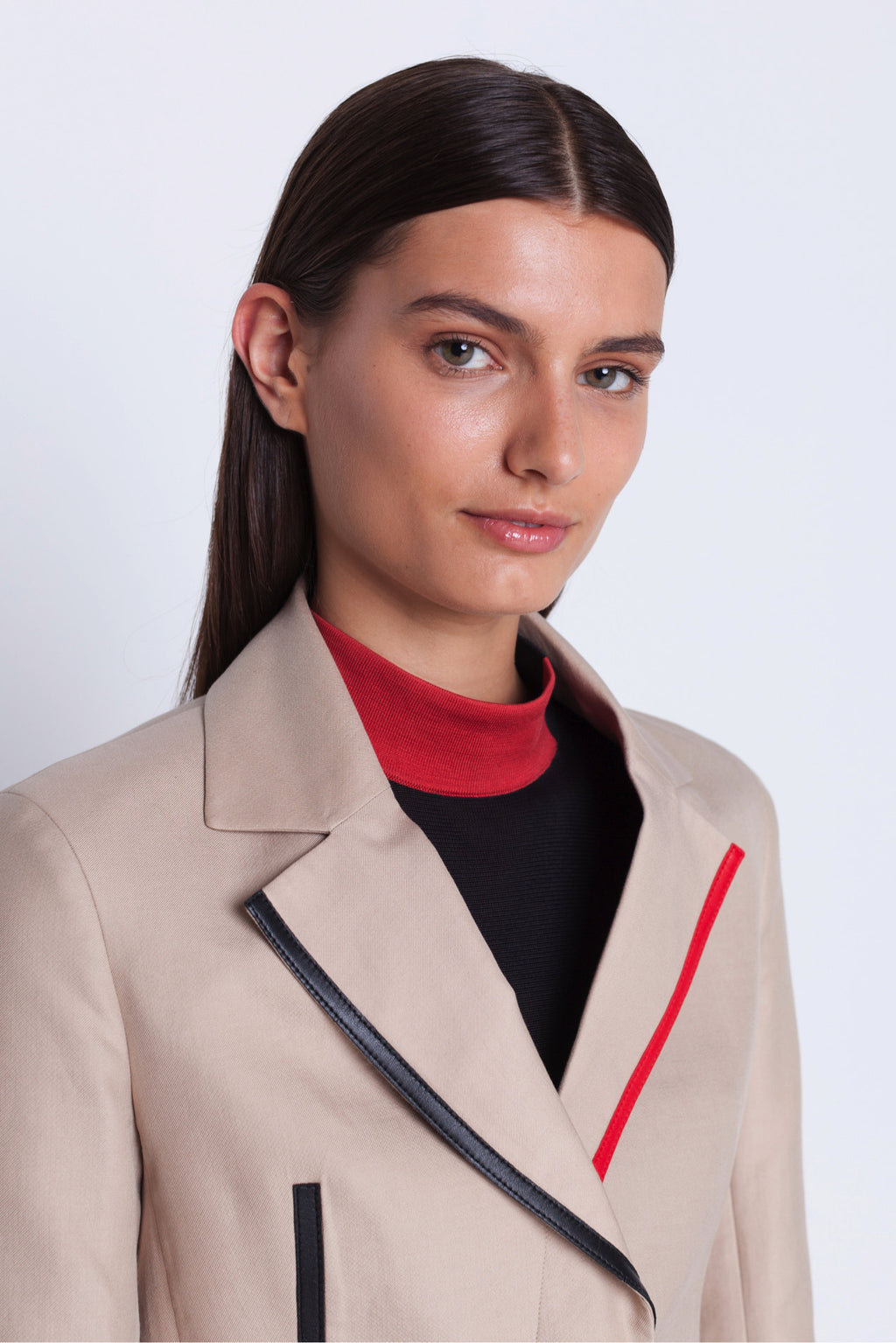 Jacket in Beige with Red and Black Accent Stripes