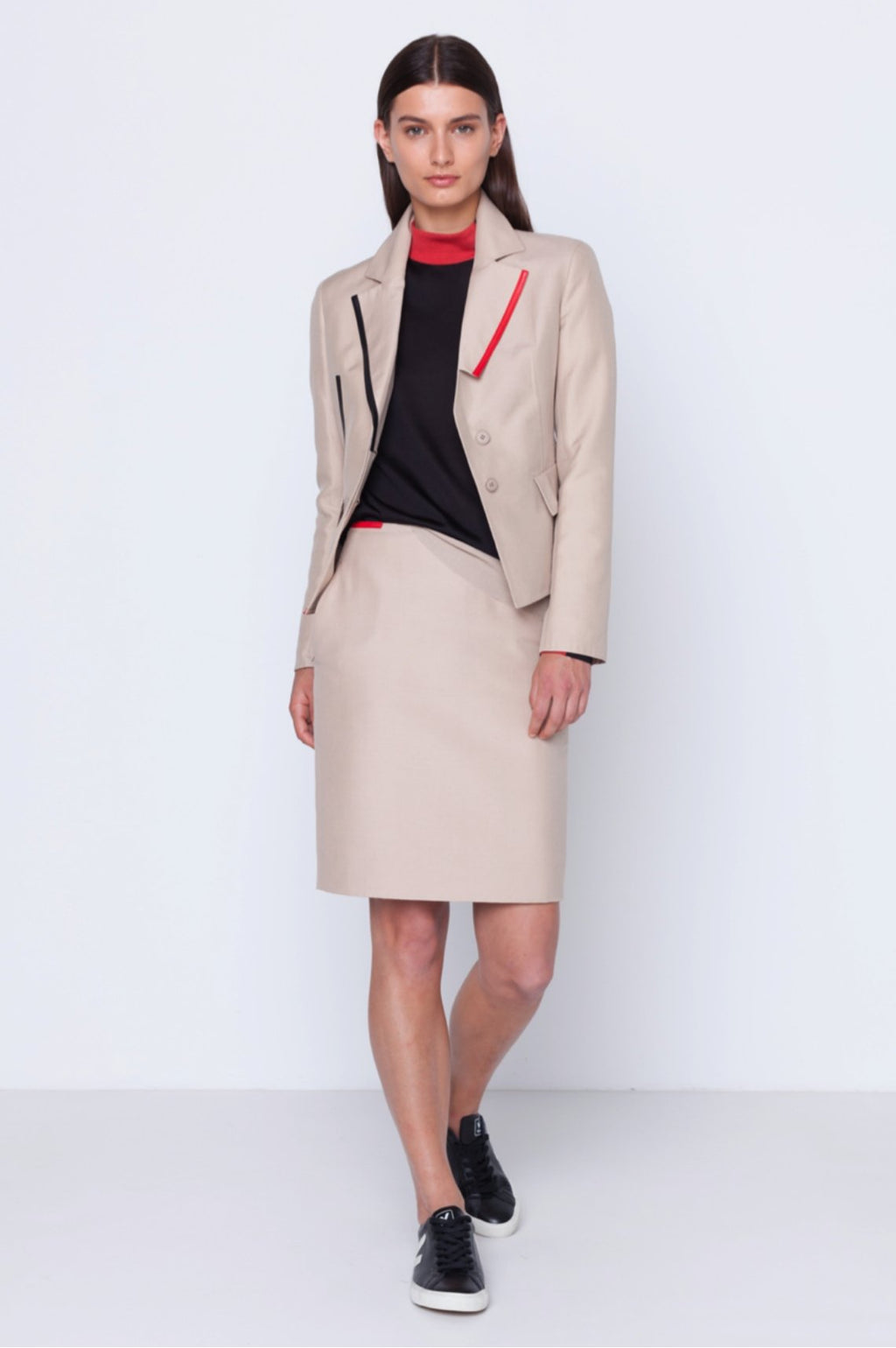 Jacket in Beige with Red and Black Accent Stripes